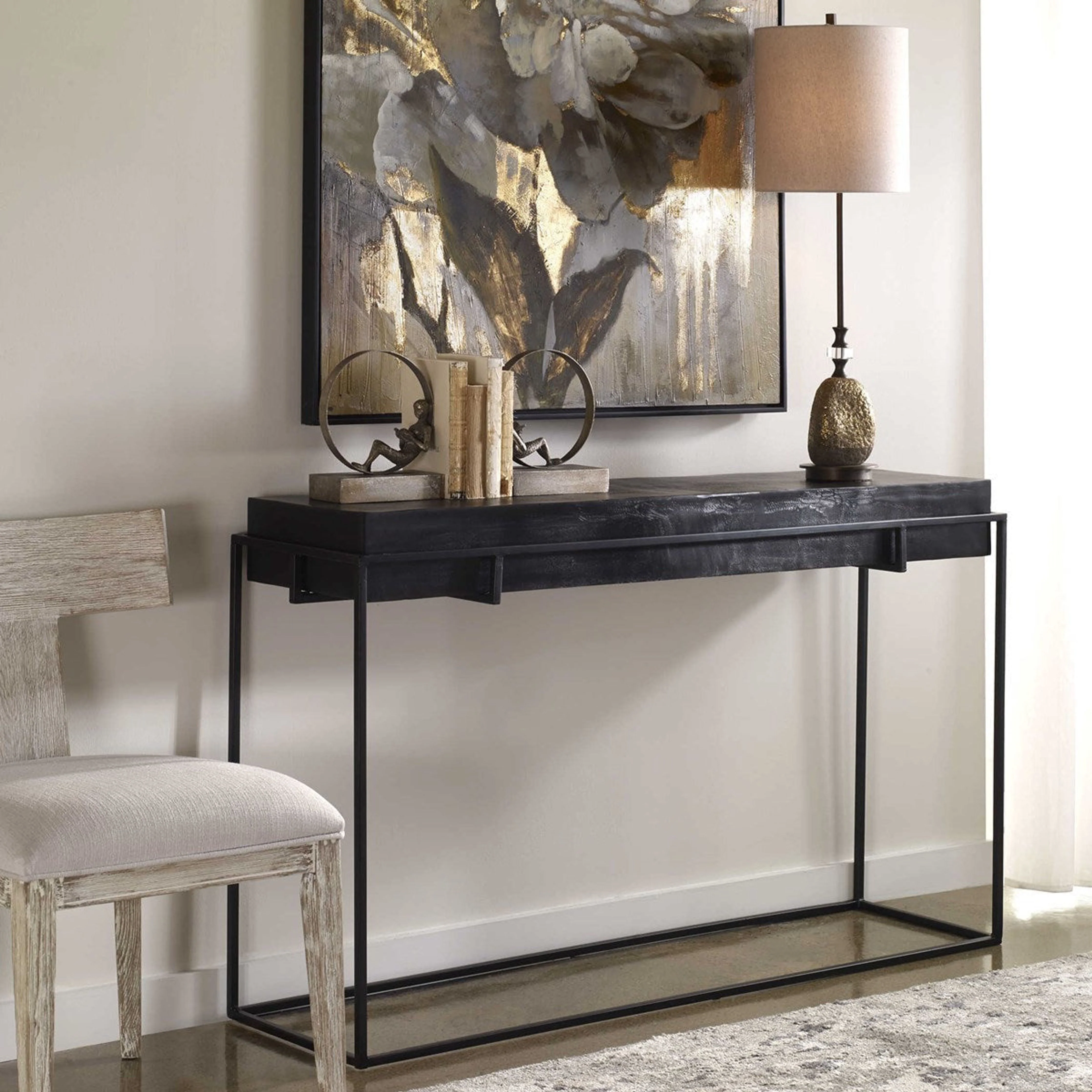 Uttermost Telone Antiqued Black Top With Aged Black Iron Base Console Table - Image 2