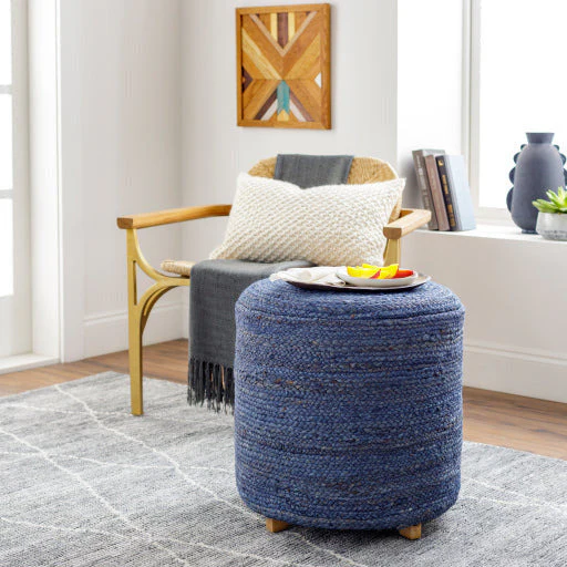 Surya Tropics Modern Dark Blue Jute Round Pouf Ottoman TPP-001