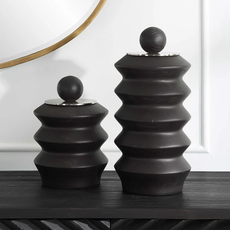 Uttermost Accordion Black Stained Wood with Brushed Nickel Lids Set of 2 Decorative Containers