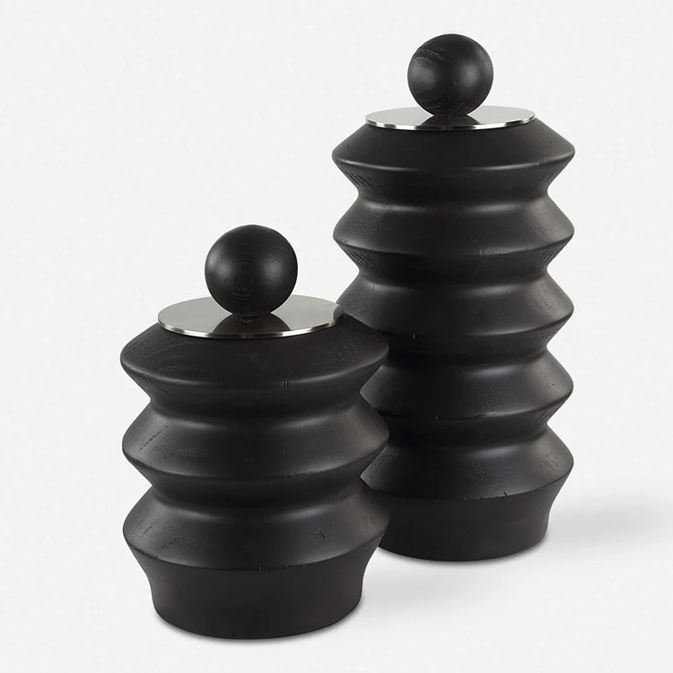 Uttermost Accordion Black Stained Wood with Brushed Nickel Lids Set of 2 Decorative Containers - Image 2