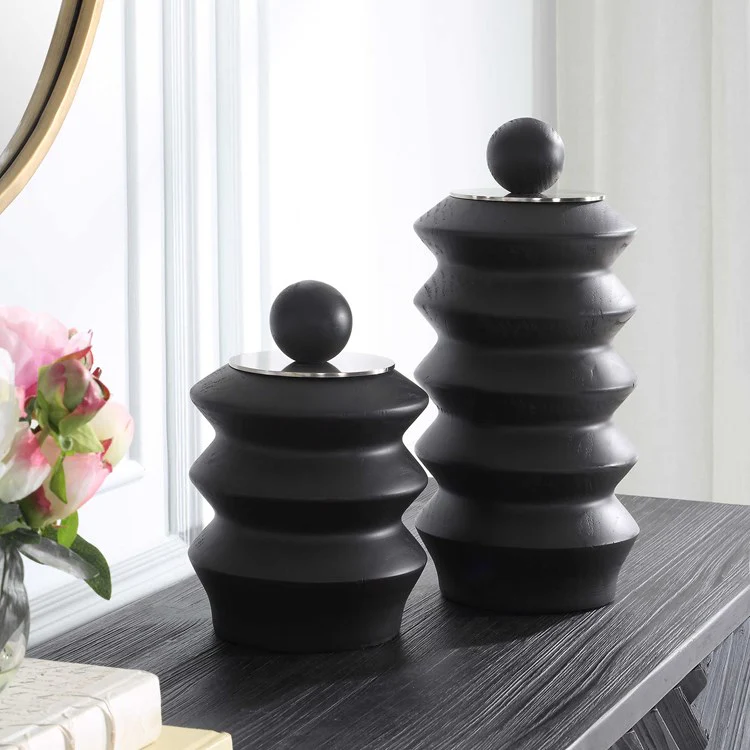 Uttermost Accordion Black Stained Wood with Brushed Nickel Lids Set of 2 Decorative Containers - Image 3