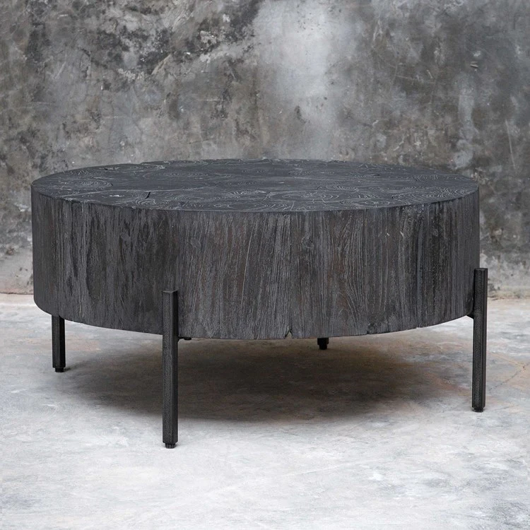 Uttermost Adjoin Rustic Black Teakwood With Iron Round Coffee Table - Image 4
