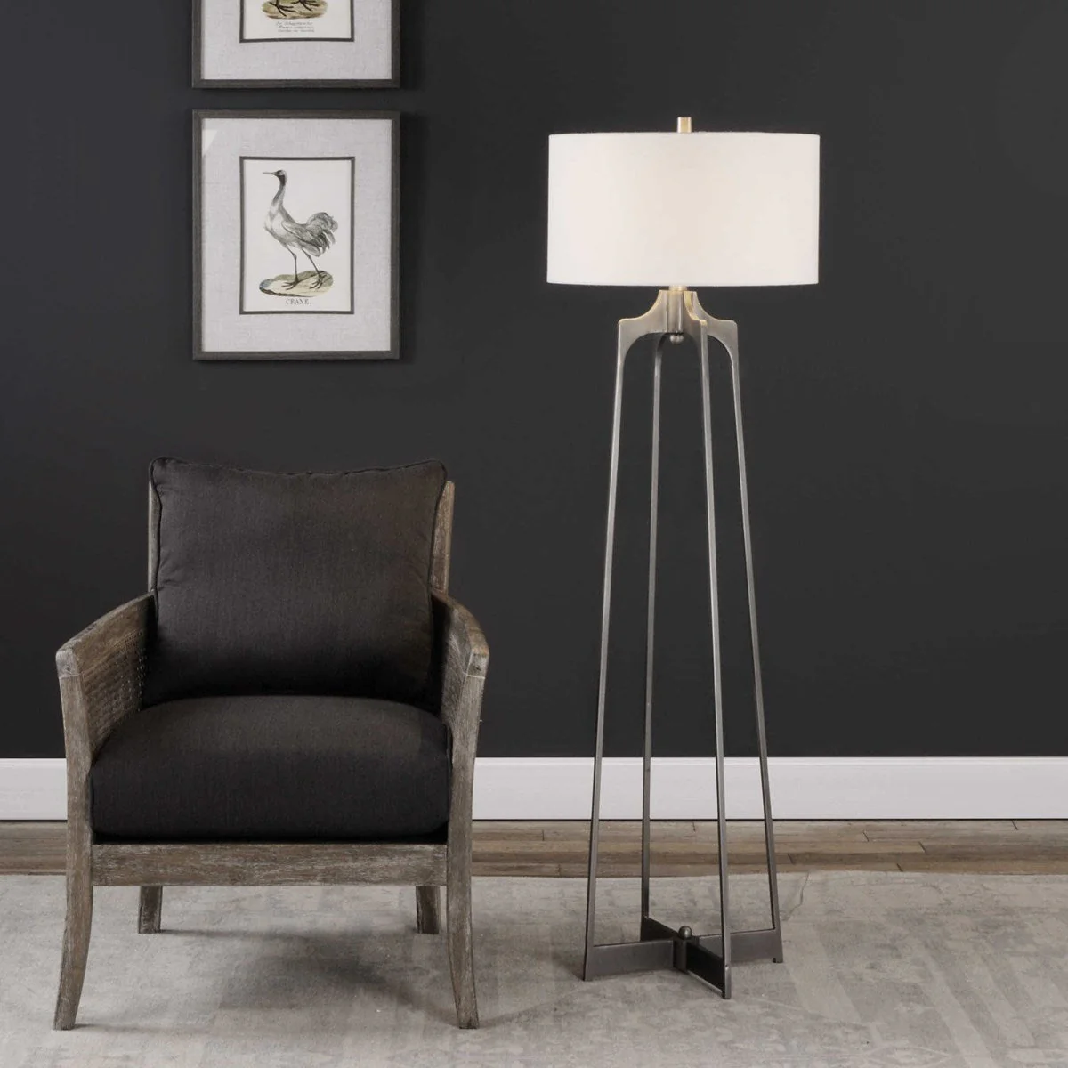 Uttermost Adrian Aged Gun Metal Forged Steel Floor Lamp With White Linen Drum Shade - Image 3
