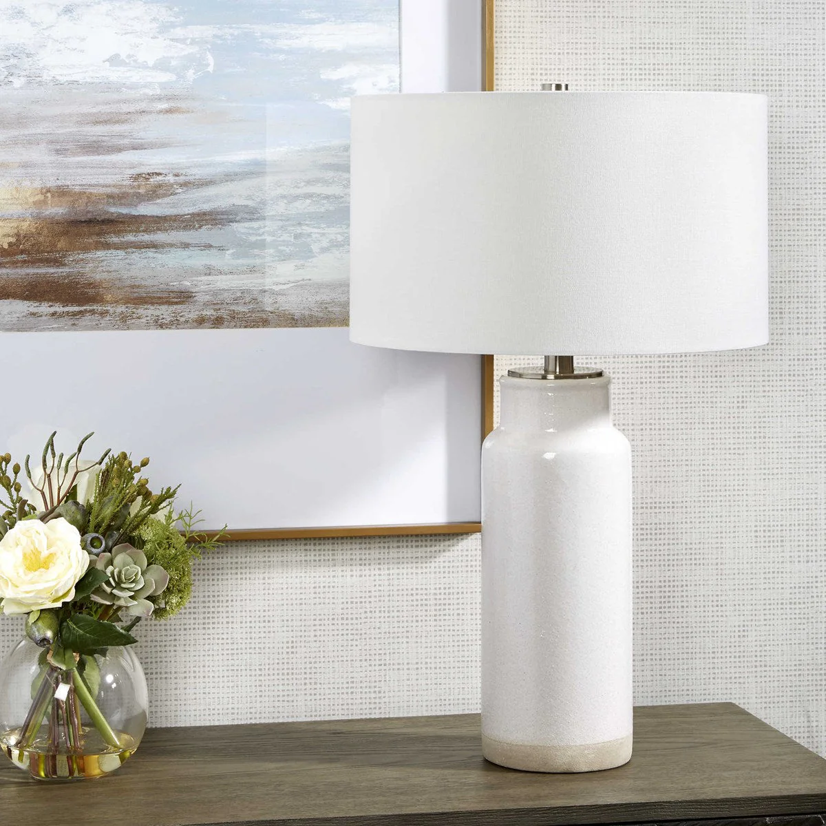 Uttermost Albany Textured White Glaze Ceramic Table Lamp With Drum Shade - Image 4