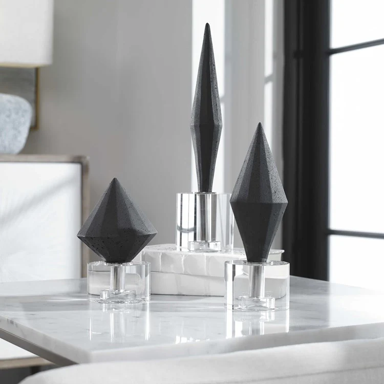 Uttermost Alize Black Stone and Crystal Set of 3 Sculptural Objects
