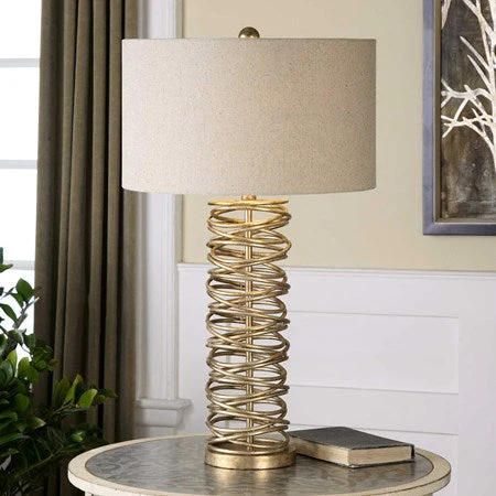 Uttermost Amarey Antiqued Silver Champagne Metal Table Lamp With Oatmeal Linen Drum Shade - Image 2