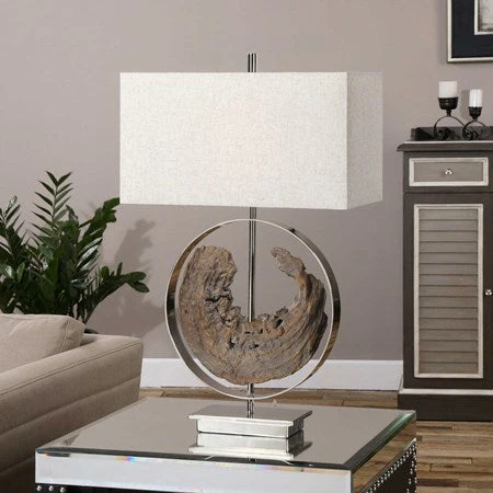 Uttermost Ambler Driftwood and Polished Nickel Metal Table Lamp With Oatmeal Linen Shade - Image 2