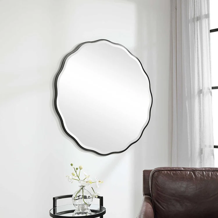 Uttermost Aneta Satin Black Wood Scalloped Round Mirror - Image 3