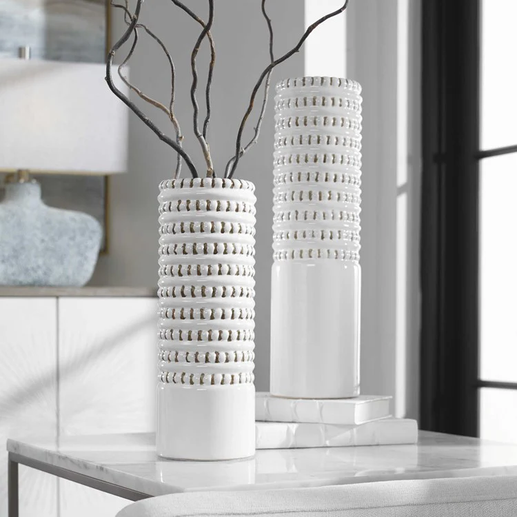 Uttermost Angelou White and Taupe Textured Ceramic Set of 2 Vases