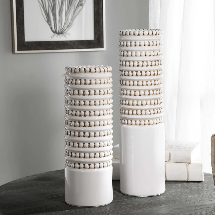 Uttermost Angelou White and Taupe Textured Ceramic Set of 2 Vases - Image 3
