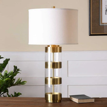 Uttermost Angora Brushed Brass Metal and Acrylic Table Lamp With Light Beige Linen Drum Shade - Image 2