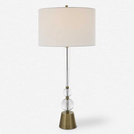 Uttermost Annily Crystal Column and Antiqued Brass Table Lamp With White Linen Round Drum Shade - Image 3
