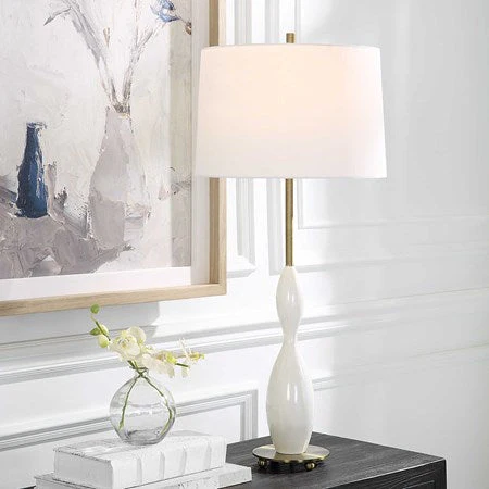 Uttermost Annora Glossy White and Antiqued Brass Table Lamp With Linen Shade - Image 2