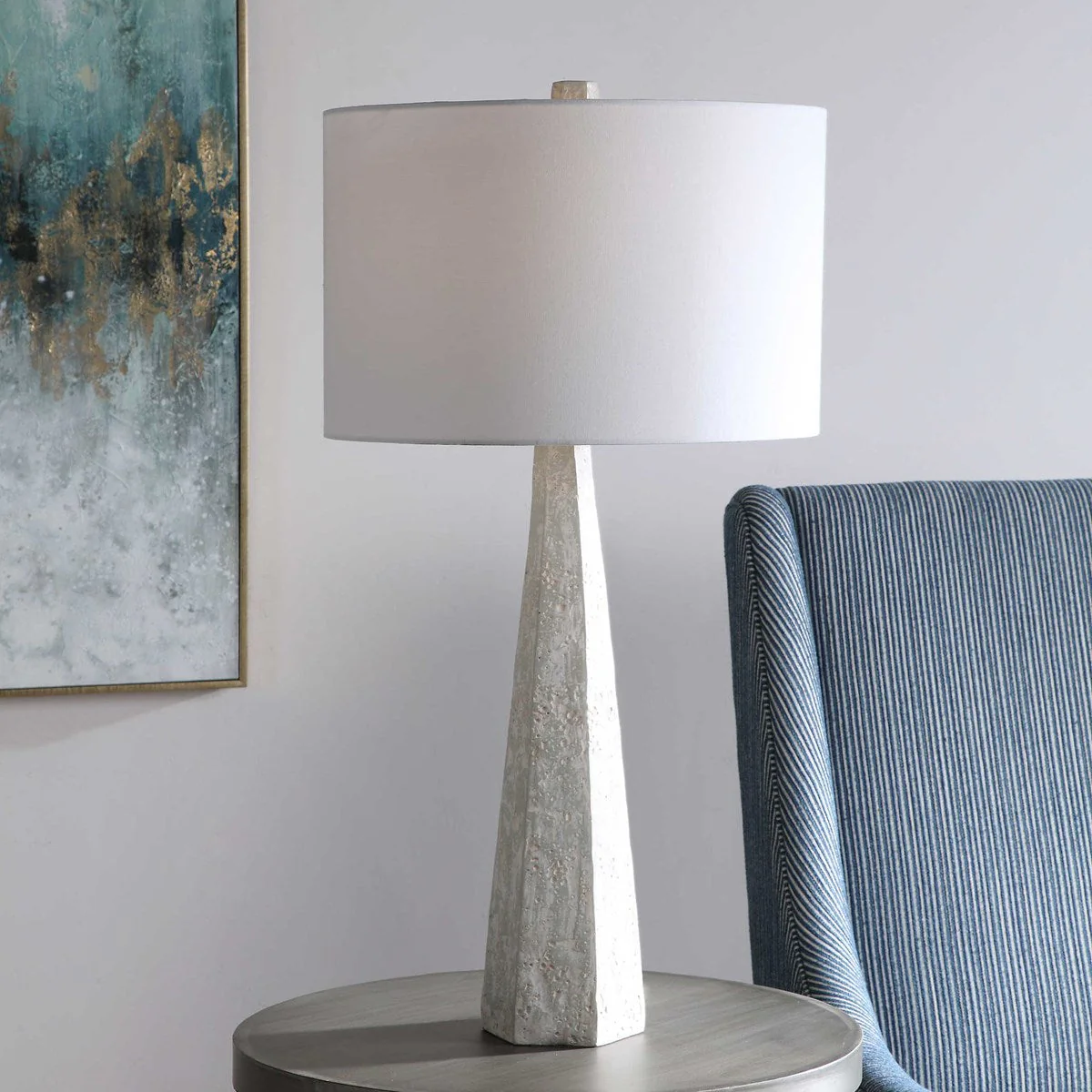 Uttermost Apollo Off-White, Light Gray and Taupe Textured Table Lamp With White Linen Drum Shade - Image 4