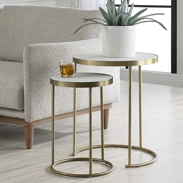 Uttermost Aragon White Shagreen Top with Brass Base Set of 2 Modern Round Nesting Tables