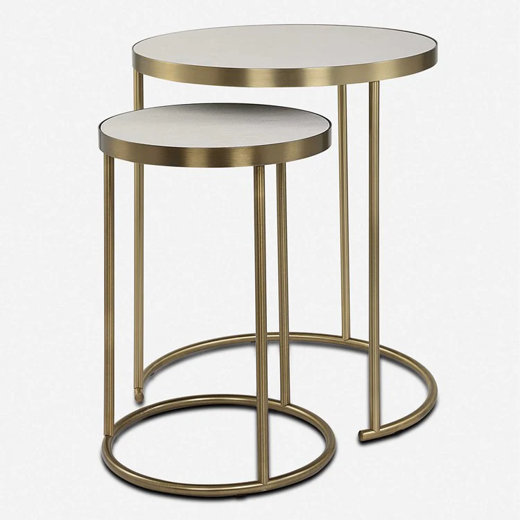 Uttermost Aragon White Shagreen Top with Brass Base Set of 2 Modern Round Nesting Tables - Image 2