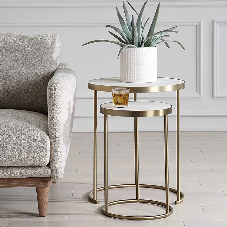 Uttermost Aragon White Shagreen Top with Brass Base Set of 2 Modern Round Nesting Tables - Image 3