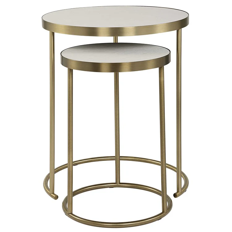 Uttermost Aragon White Shagreen Top with Brass Base Set of 2 Modern Round Nesting Tables - Image 4