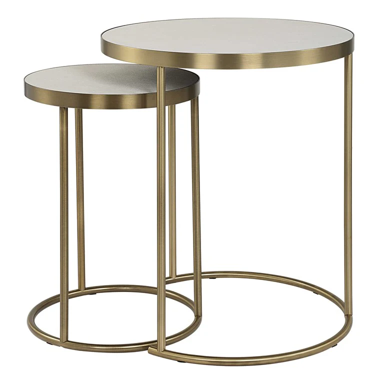 Uttermost Aragon White Shagreen Top with Brass Base Set of 2 Modern Round Nesting Tables - Image 5