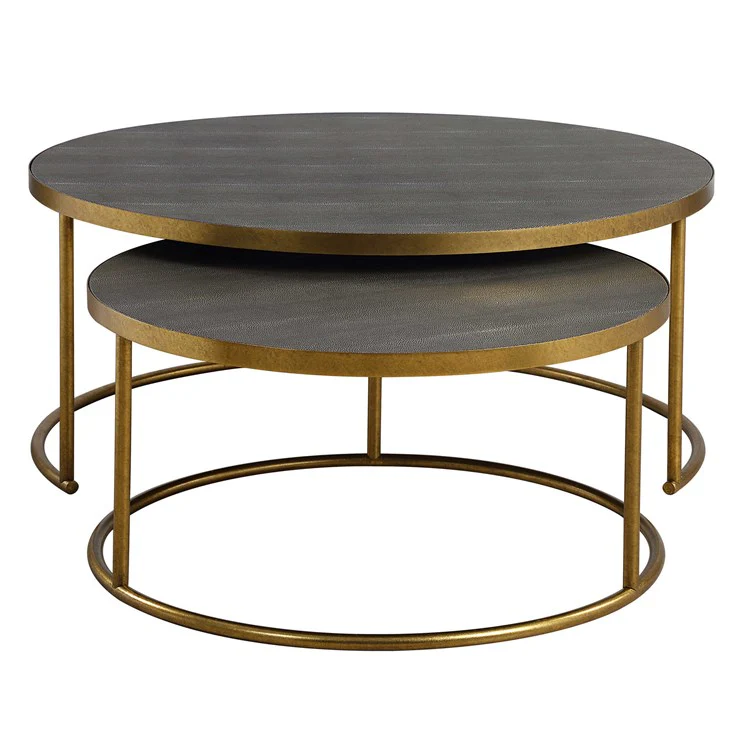 Uttermost Aragon Gray Shagreen Top with Brass Base Set of 2 Modern Round Nesting Coffee Tables - Image 3