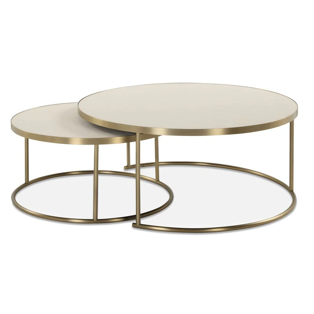 Uttermost Aragon White Shagreen Top with Brass Base Set of 2 Modern Round Nesting Coffee Tables - Image 2
