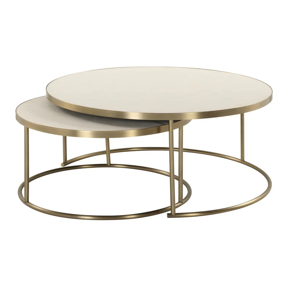 Uttermost Aragon White Shagreen Top with Brass Base Set of 2 Modern Round Nesting Coffee Tables - Image 4