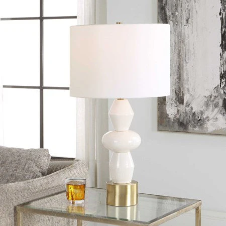 Uttermost Architect Ivory Gloss Glazed and Antique Brass Ceramic Table Lamp With White Linen Shade - Image 2