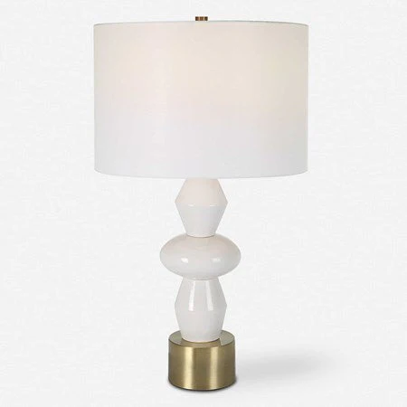 Uttermost Architect Ivory Gloss Glazed and Antique Brass Ceramic Table Lamp With White Linen Shade - Image 3