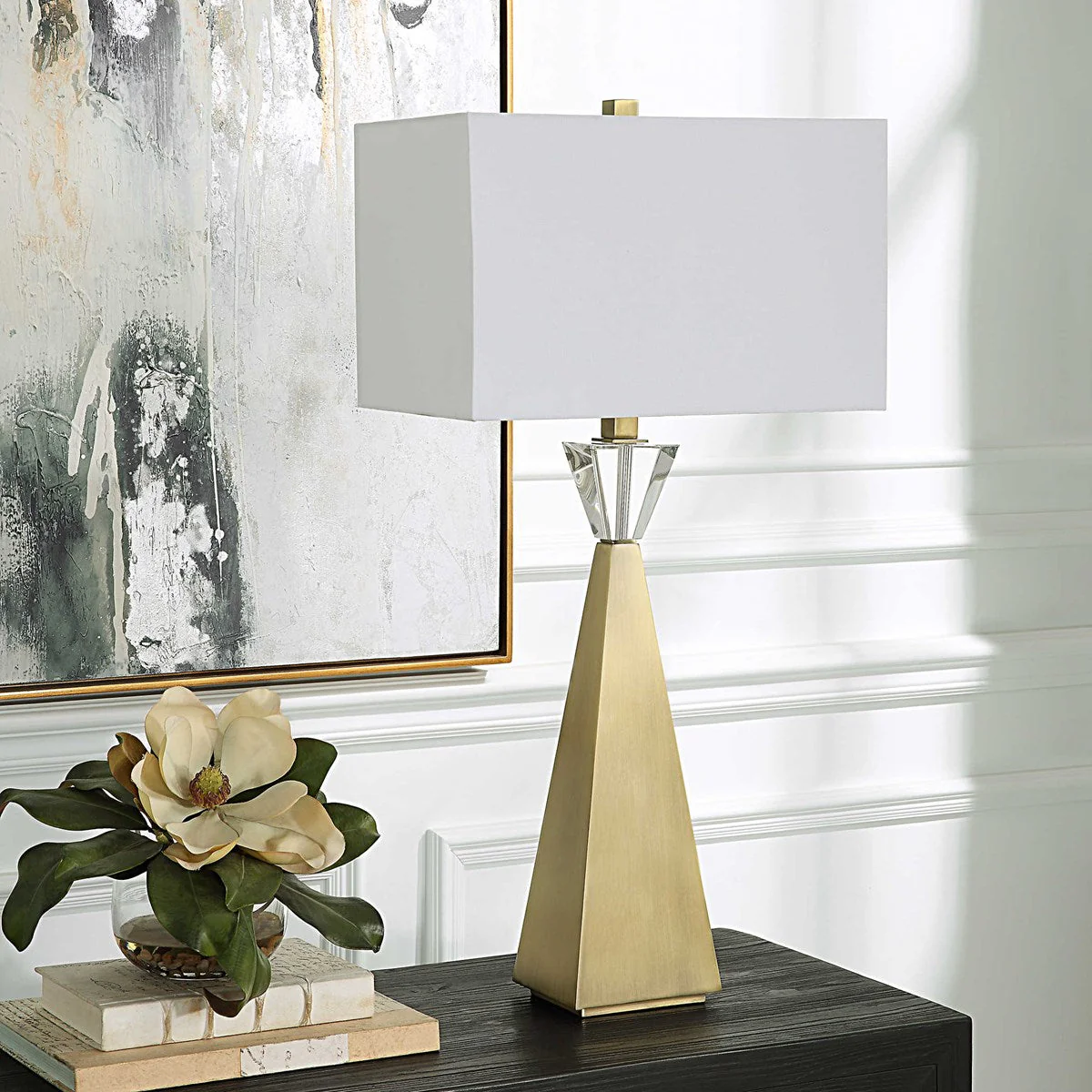 Uttermost Arete Antique Brass Iron Table Lamp With White Linen Shade - Image 6