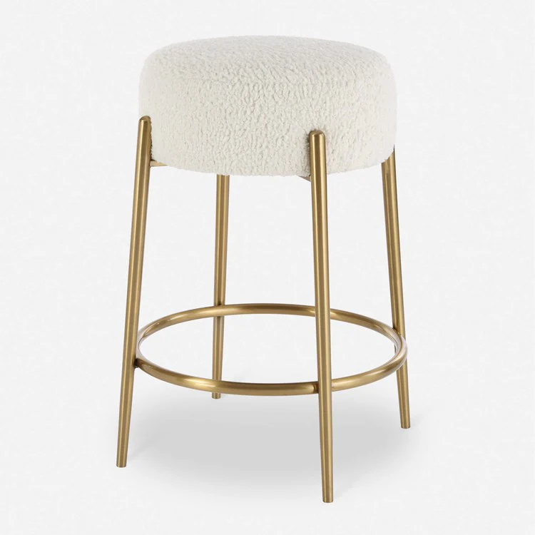 Uttermost Arles White Faux Shearling Seat Counter Stool With Brushed Brass Base