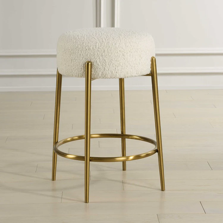 Uttermost Arles White Faux Shearling Seat Counter Stool With Brushed Brass Base - Image 2