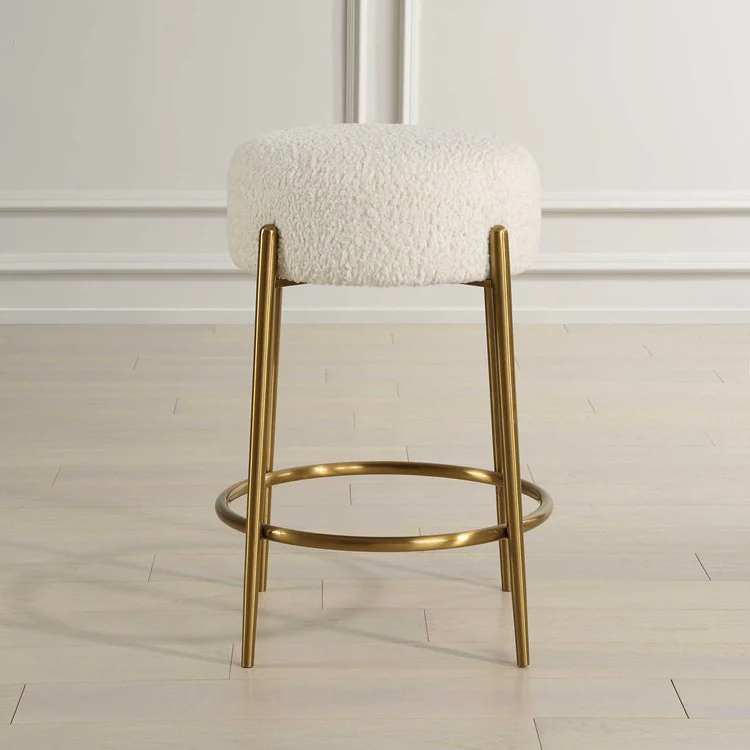 Uttermost Arles White Faux Shearling Seat Counter Stool With Brushed Brass Base - Image 3