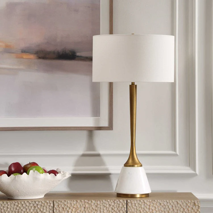 Uttermost Avola White Marble and Antique Brass Table Lamp With Linen Shade - Image 2