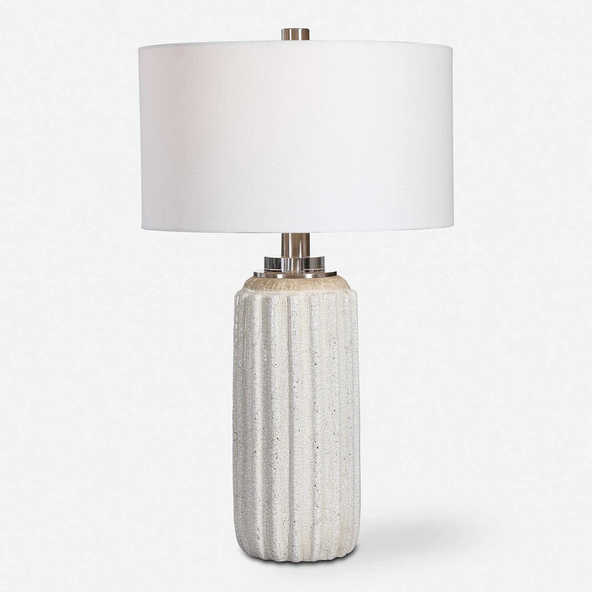 Uttermost Azariah Cream and Beige Crackle Glaze Ceramic Table Lamp With White Linen Drum Shade - Image 4