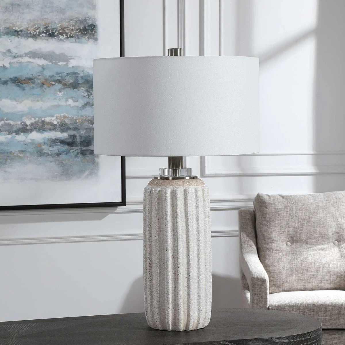 Uttermost Azariah Cream and Beige Crackle Glaze Ceramic Table Lamp With White Linen Drum Shade - Image 5
