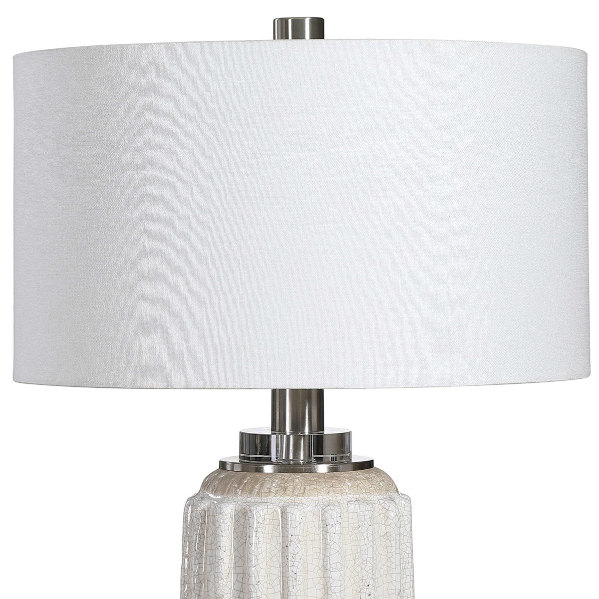 Uttermost Azariah Cream and Beige Crackle Glaze Ceramic Table Lamp With White Linen Drum Shade - Image 7
