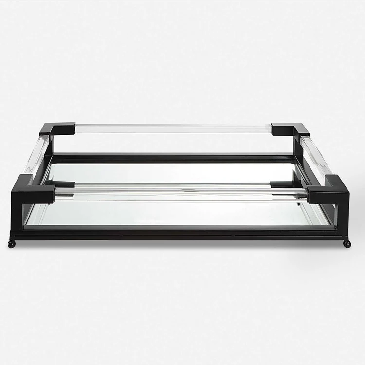 Uttermost Balkan Matte Black Hand Forged Iron and Mirrored Tray With Acrylic Handles - Image 2
