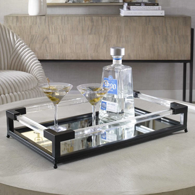 Uttermost Balkan Matte Black Hand Forged Iron and Mirrored Tray With Acrylic Handles - Image 3