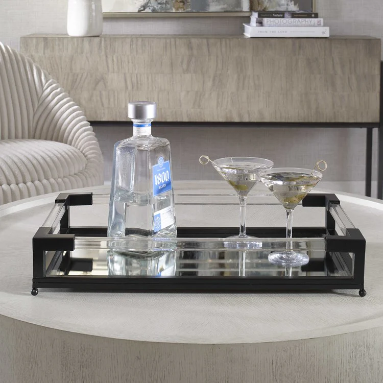 Uttermost Balkan Matte Black Hand Forged Iron and Mirrored Tray With Acrylic Handles - Image 4