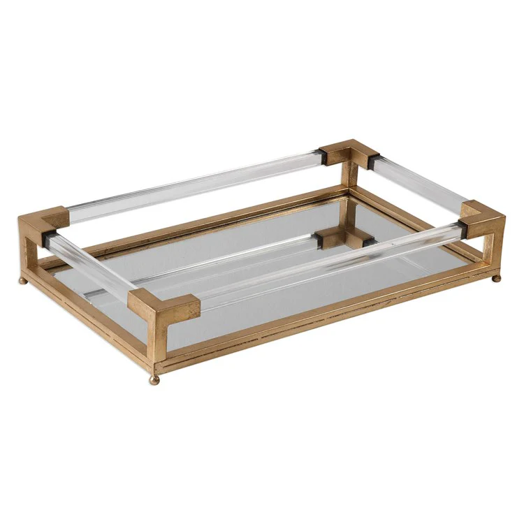 Uttermost Balkan Antiqued Gold Leaf Hand Forged Iron and Mirrored Tray With Acrylic Handles - Image 4