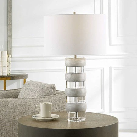 Uttermost Band Together Bleached Wood and Crystal Table Lamp With White Drum Shade - Image 3