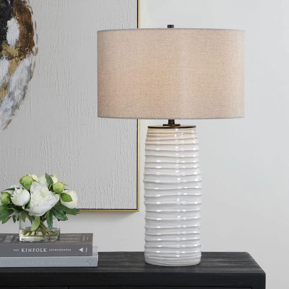 Uttermost Barat Distressed White Table Lamp With Dark Beige Linen Shade