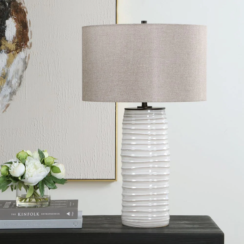 Uttermost Barat Distressed White Table Lamp With Dark Beige Linen Shade - Image 2
