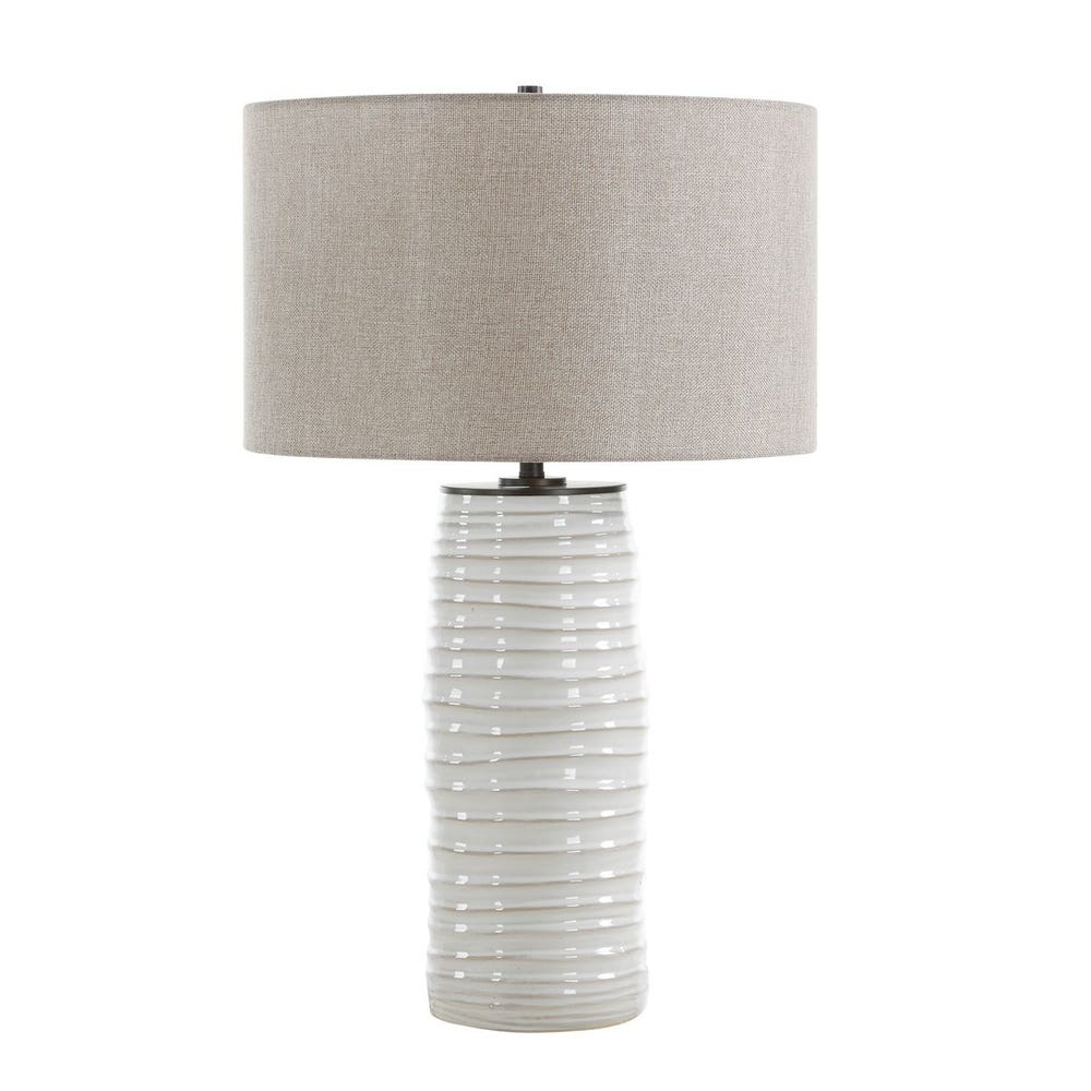 Uttermost Barat Distressed White Table Lamp With Dark Beige Linen Shade - Image 4