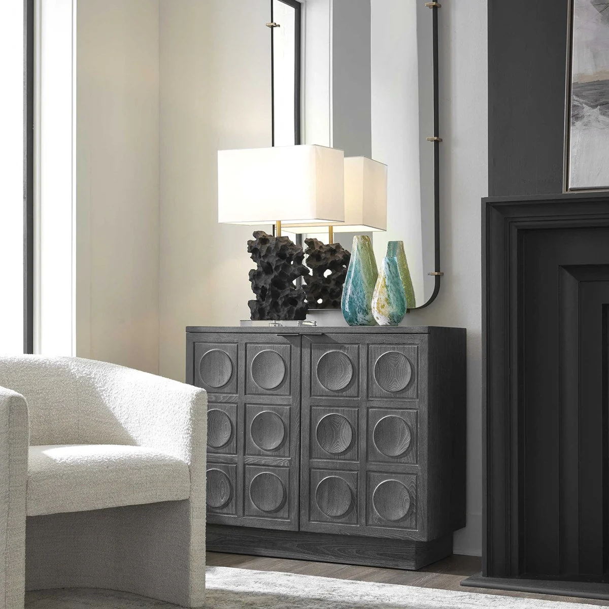 Uttermost Basalt Black Stone Rock Sculpture Table Lamp With White Linen Shade - Image 2