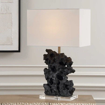 Uttermost Basalt Black Stone Rock Sculpture Table Lamp With White Linen Shade - Image 3