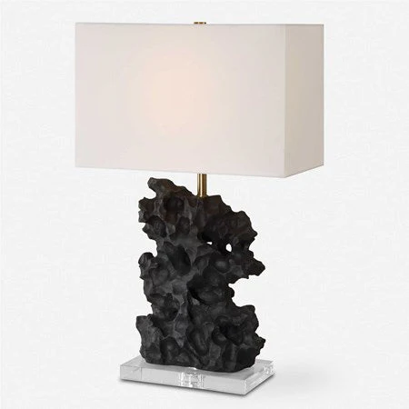 Uttermost Basalt Black Stone Rock Sculpture Table Lamp With White Linen Shade - Image 4