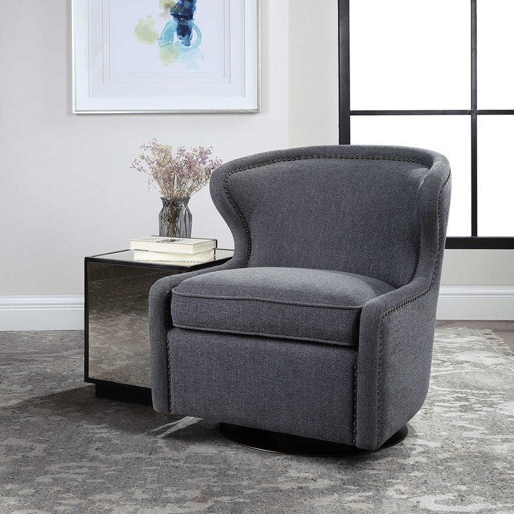 Uttermost Biscay Charcoal Gray Herringbone Fabric Contemporary Swivel Chair - Image 3