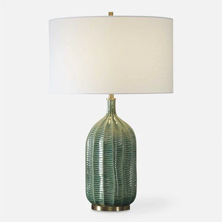 Uttermost Bixby Green Glazed Ceramic Table Lamp With White Linen Drum Shade - Image 2