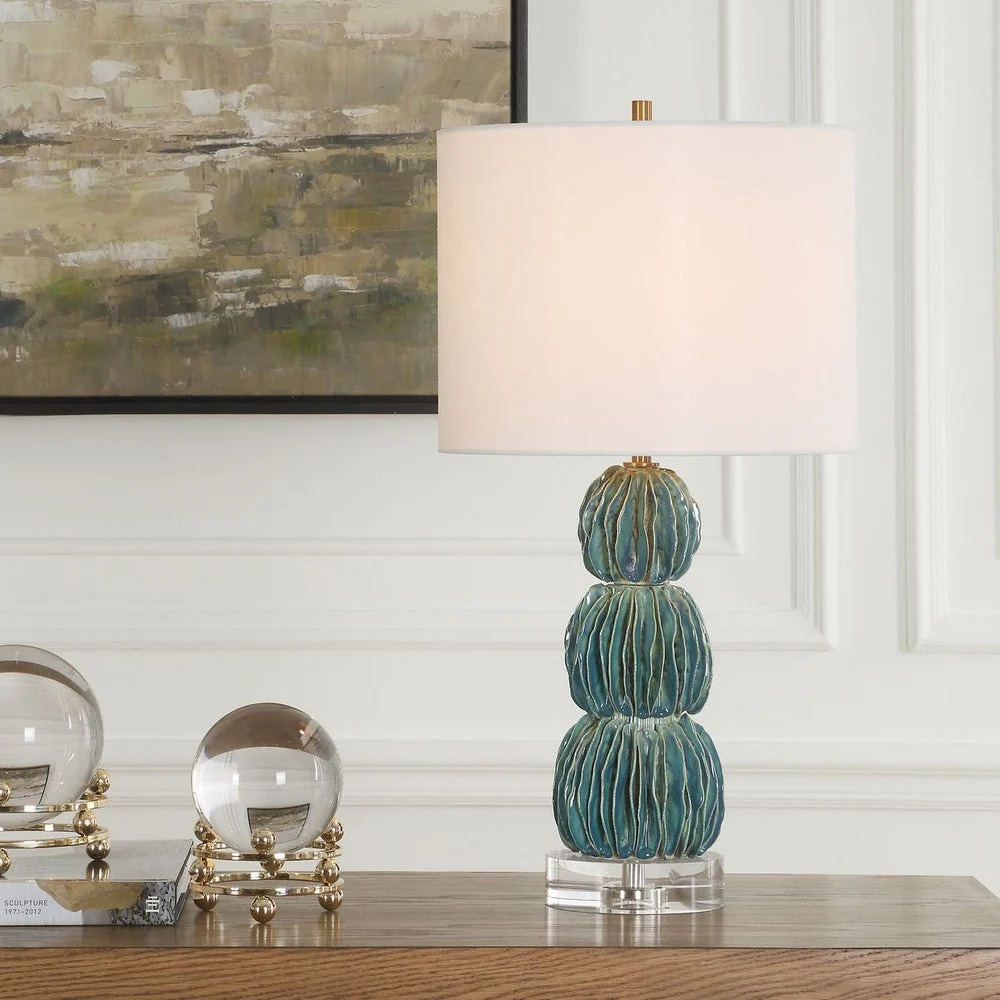 Uttermost Bonaire Teal Blue Glazed Ceramic Table Lamp With White Linen Shade